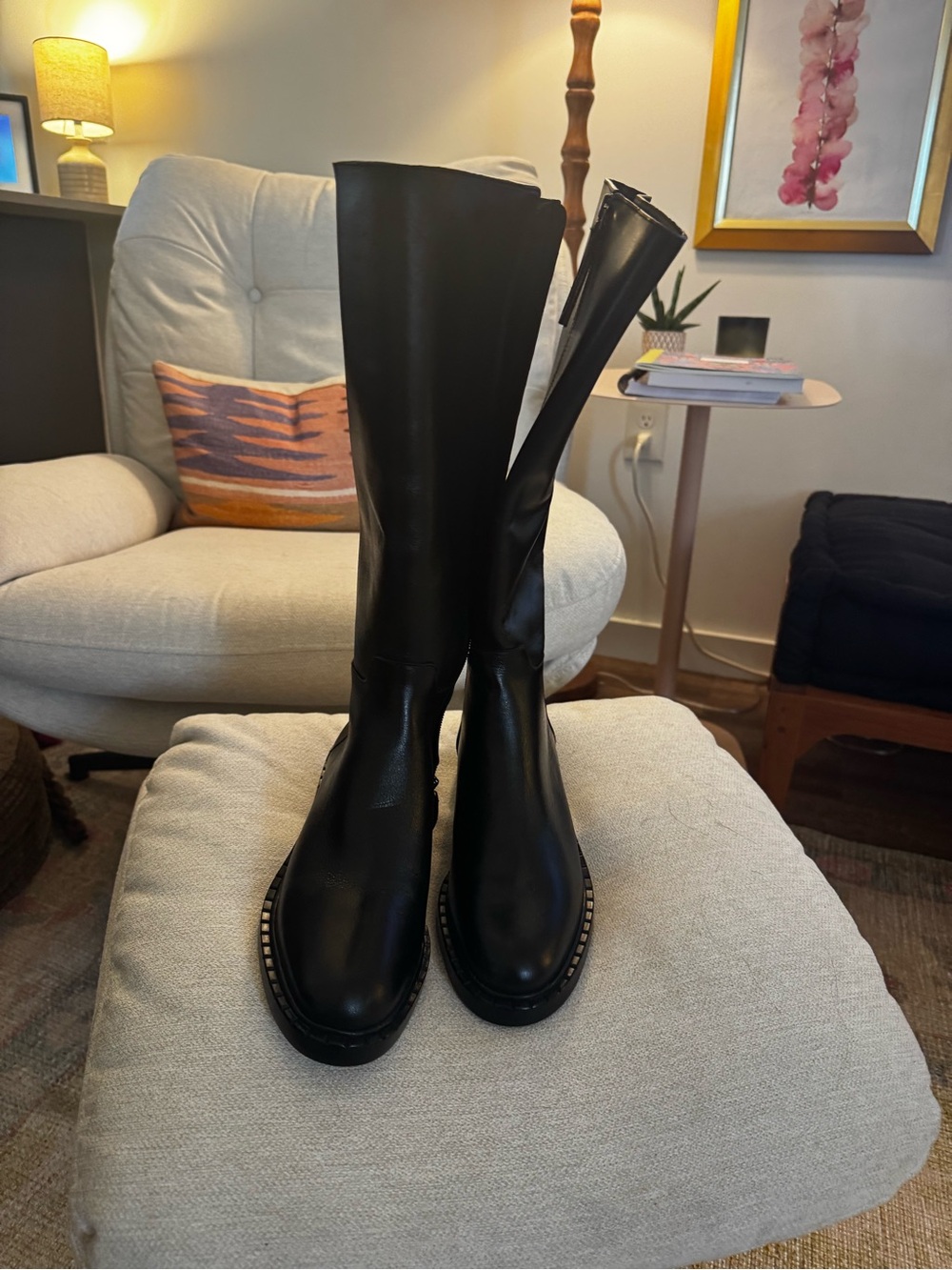 Reformation Black Leather Knee Boots with Studded Welt